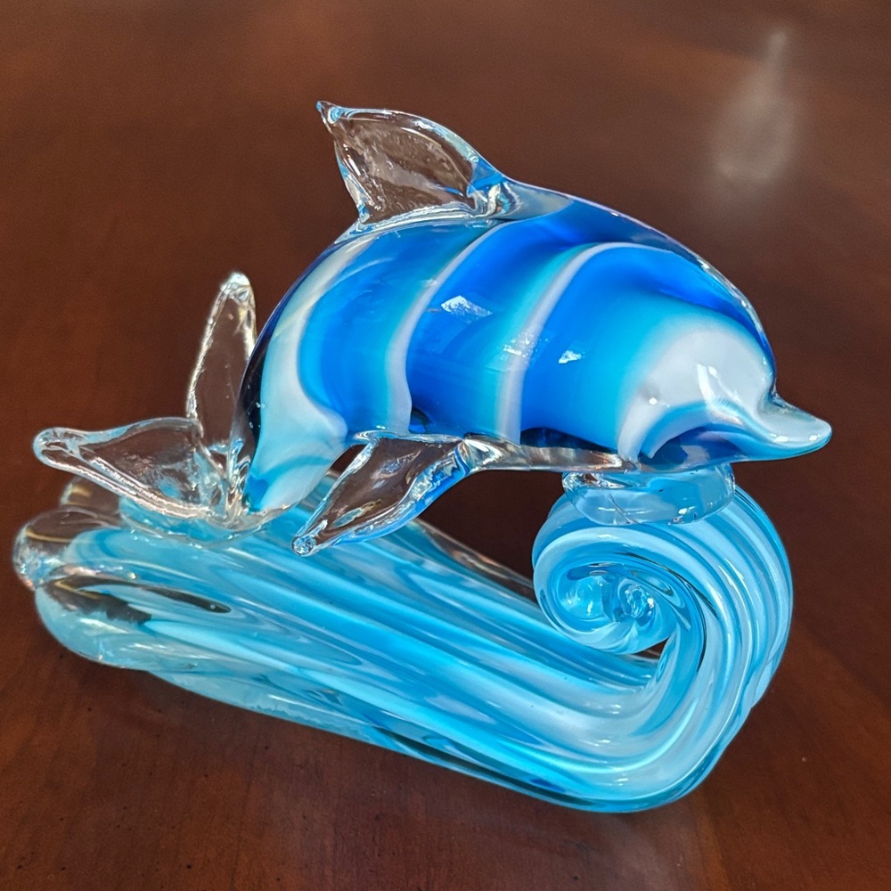 Handblown Blue Glass Dolphin Sculpture - Decorative Home Art